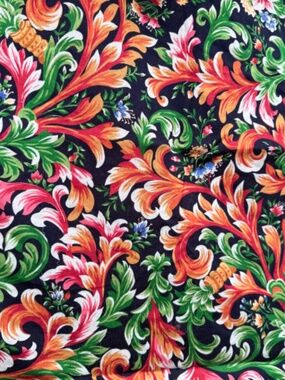 Full Double Bed Duvet Cover Orange Green Scrolling Vines on Black Cotton Chintz